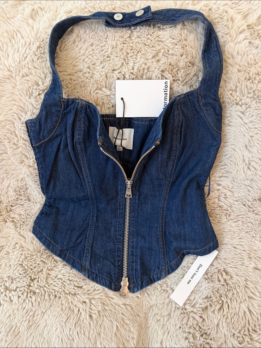 Reformation Dark Blue Denim Corset Halter Top with Front Zip